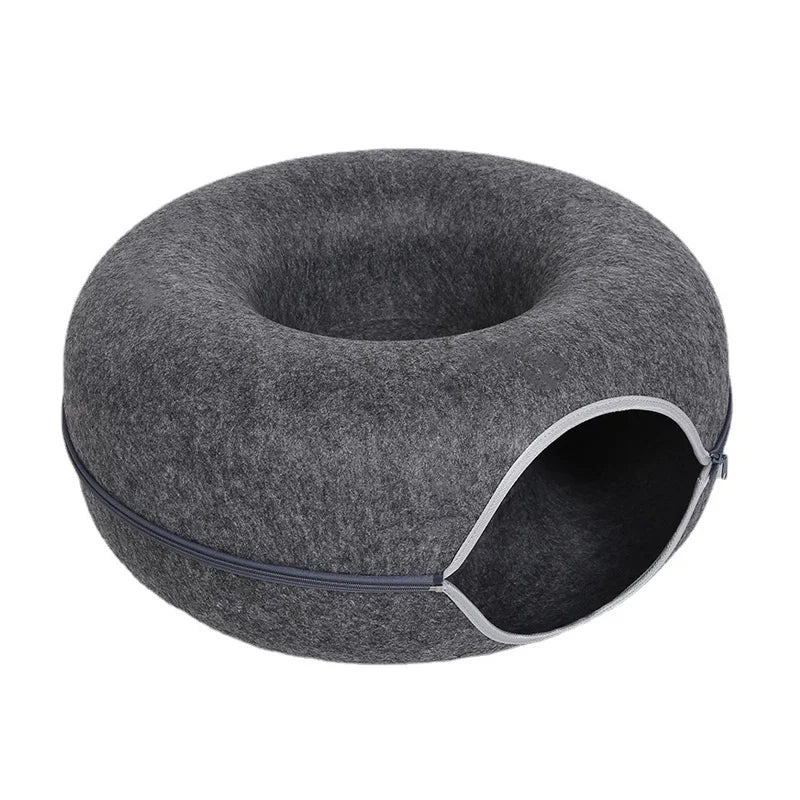 Nestify™ Donut Cat Bed with Tunnel – Cozy Felt Cat House & Interactive Play Space for 1–2 Cats