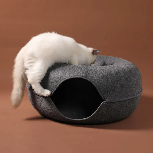 Nestify™ Donut Cat Bed with Tunnel – Cozy Felt Cat House & Interactive Play Space for 1–2 Cats