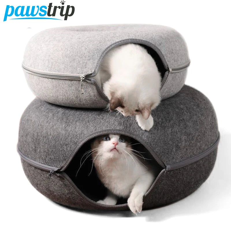 Nestify™ Donut Cat Bed with Tunnel – Cozy Felt Cat House & Interactive Play Space for 1–2 Cats