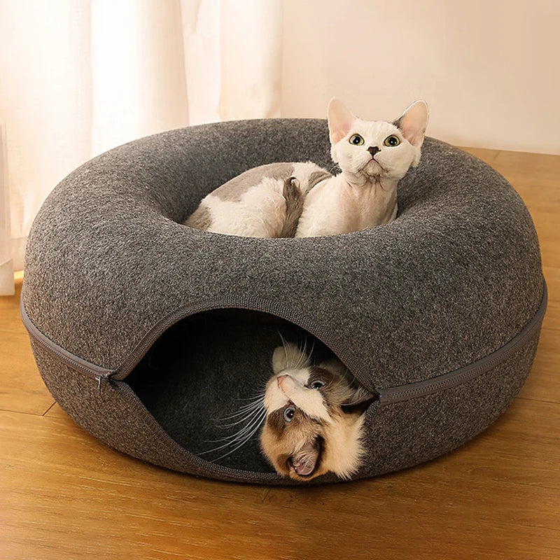 Nestify™ Donut Cat Bed with Tunnel – Cozy Felt Cat House & Interactive Play Space for 1–2 Cats