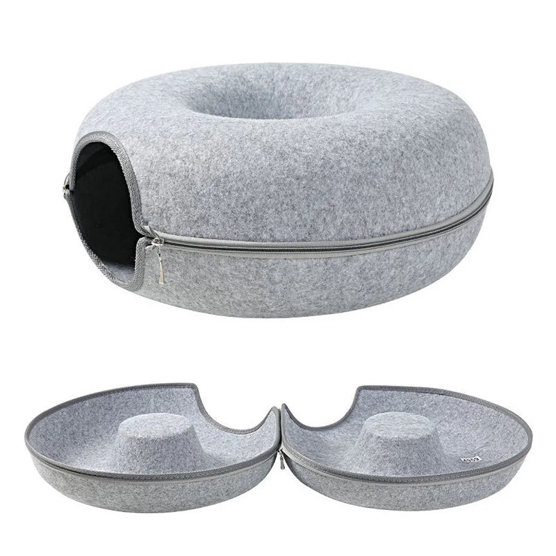 Nestify™ Donut Cat Bed with Tunnel – Cozy Felt Cat House & Interactive Play Space for 1–2 Cats