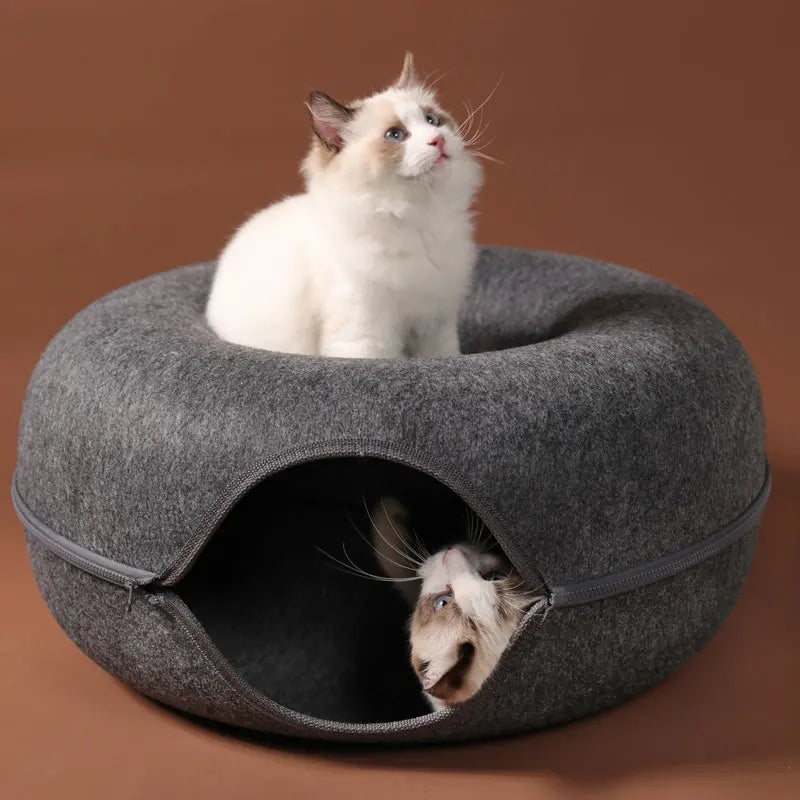 Nestify™ Donut Cat Bed with Tunnel – Cozy Felt Cat House & Interactive Play Space for 1–2 Cats